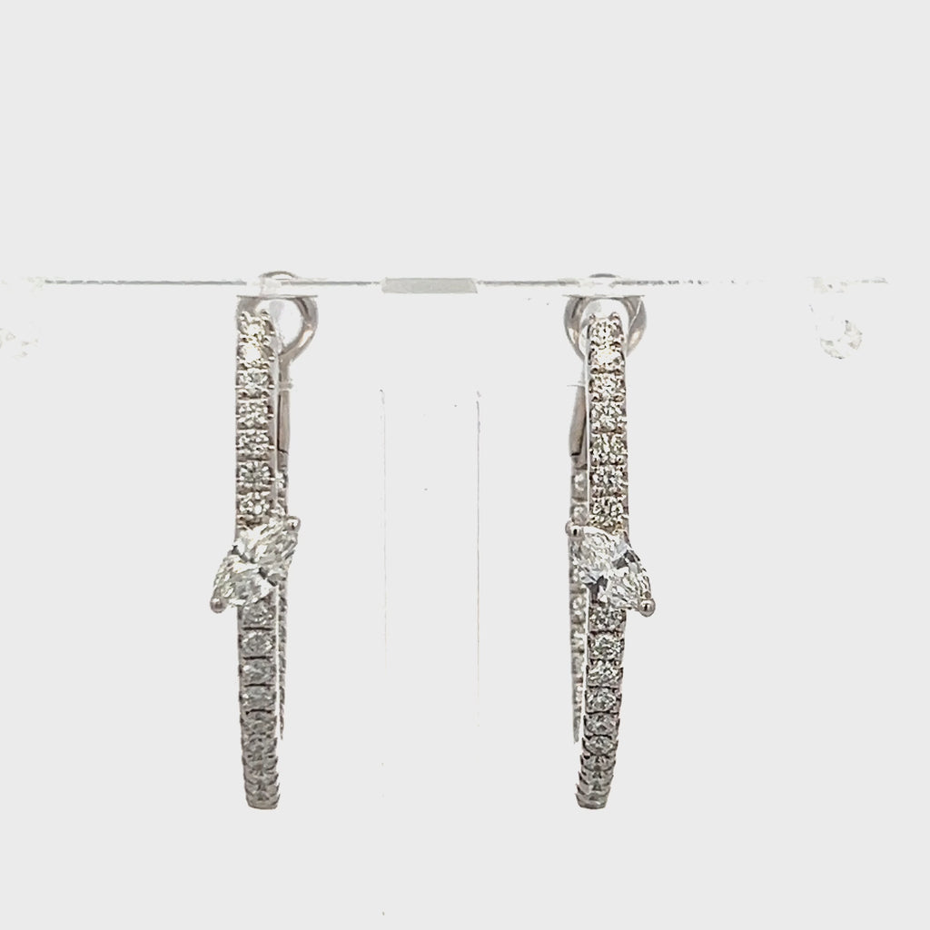 0.90 Carat Round Brilliant and Marquis Shape Diamond 14K WG Hoop Earrings