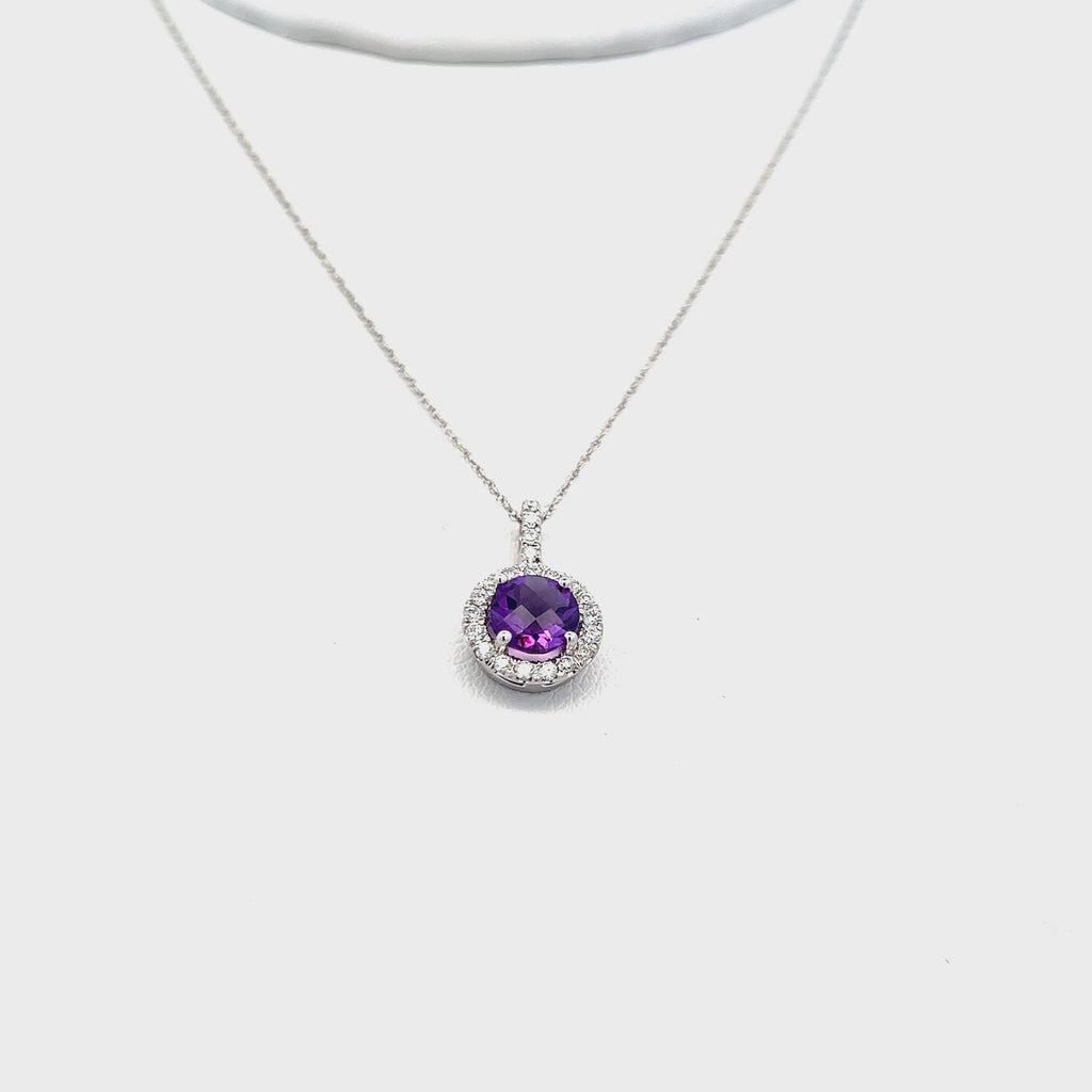 0.76 Carat Amethysts 0.17 Carat Round Diamond 14K White Gold Pendant Necklace