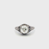 1.74 Carat Old European and Round Diamond 0.08 Carat Sapphire Plat Art Deco Ring