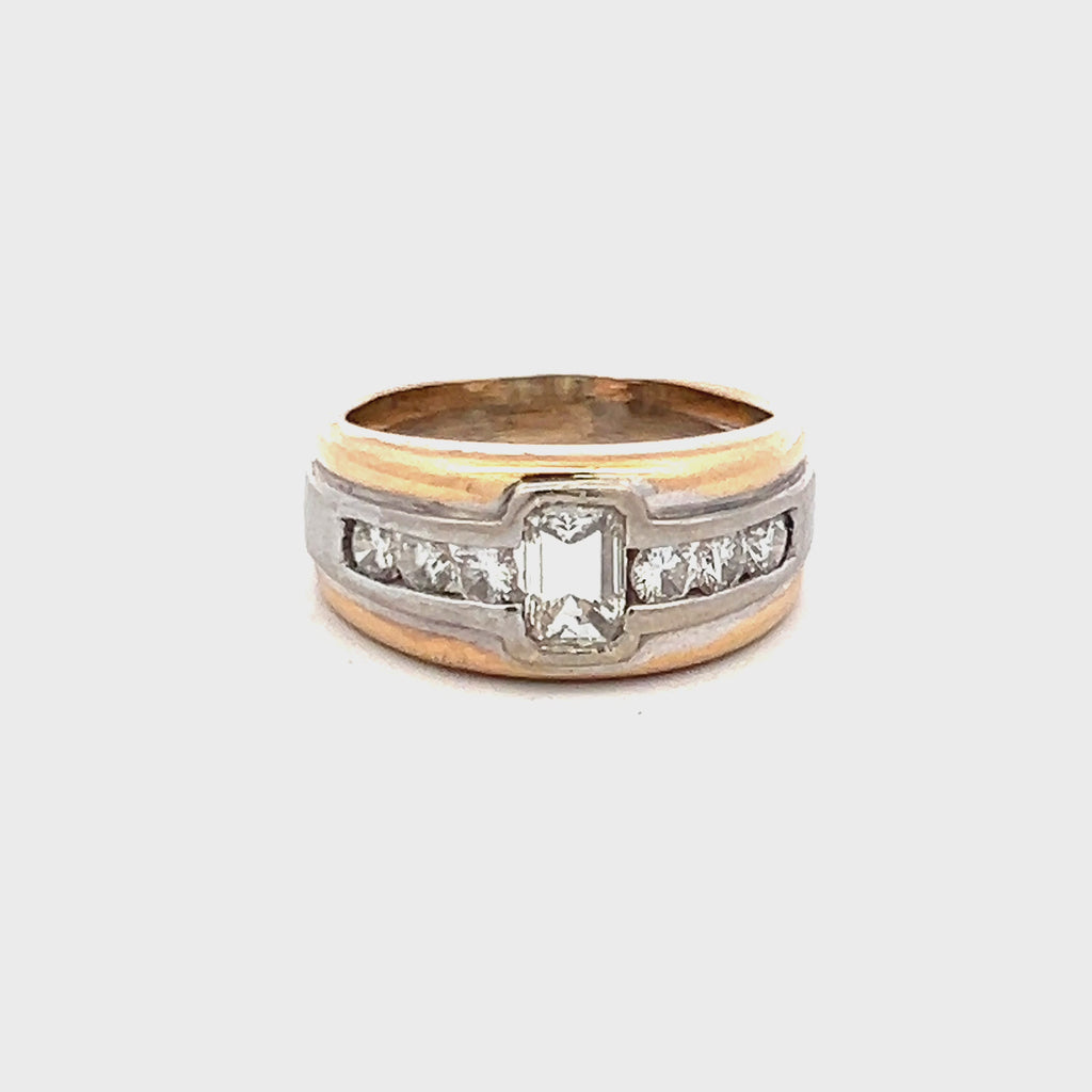 0.76 Carat Emerald Cut and Round Diamond 18 Karat Two Tone Gold Band Ring