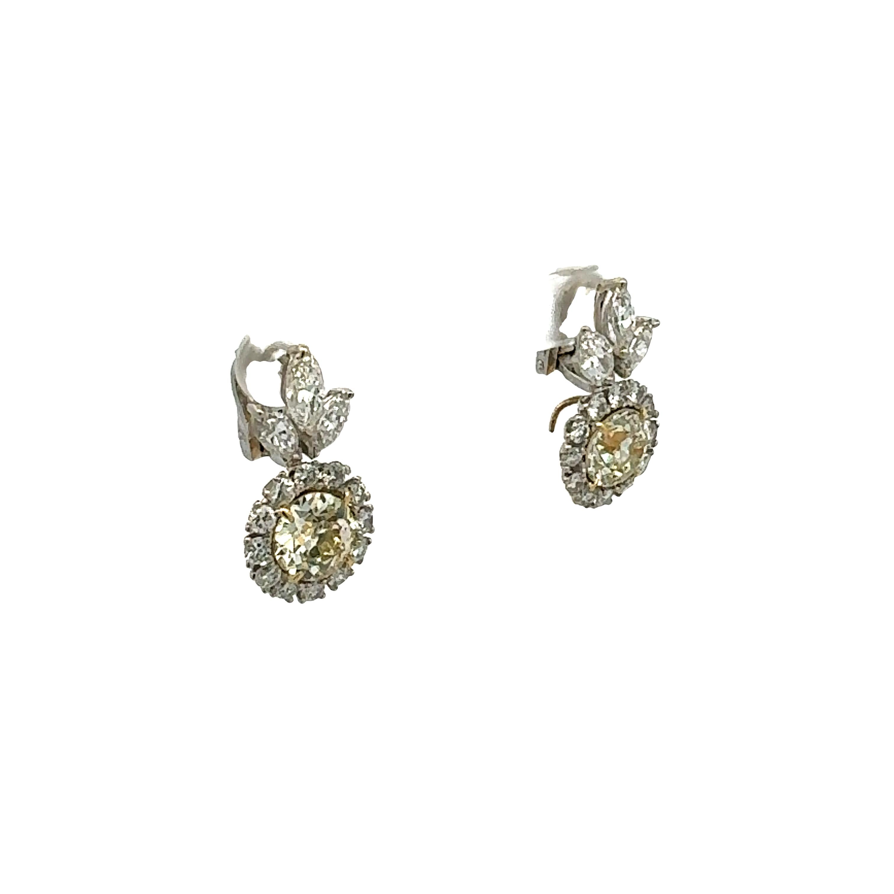 5.06 Carat Old European Cut O–Q VS Diamond Two-Tone Gold Halo Drop Earrings