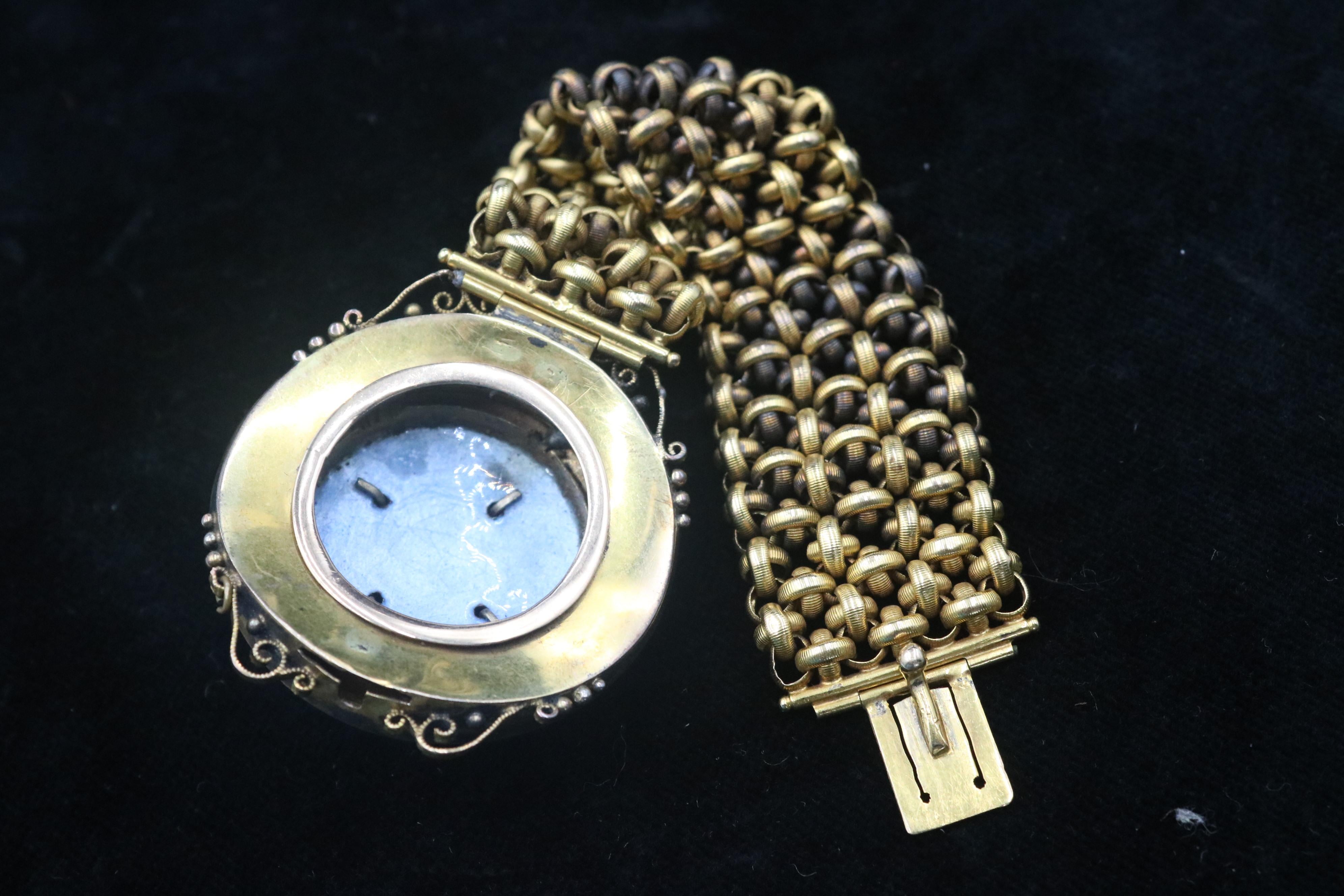 Victorian 10K YG Link Enamel Bracelet with 1.15 Carat Diamonds and 1.1 MM Pearl