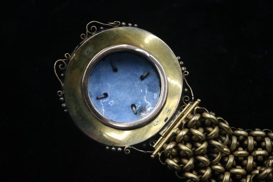 Victorian 10K YG Link Enamel Bracelet with 1.15 Carat Diamonds and 1.1 MM Pearl