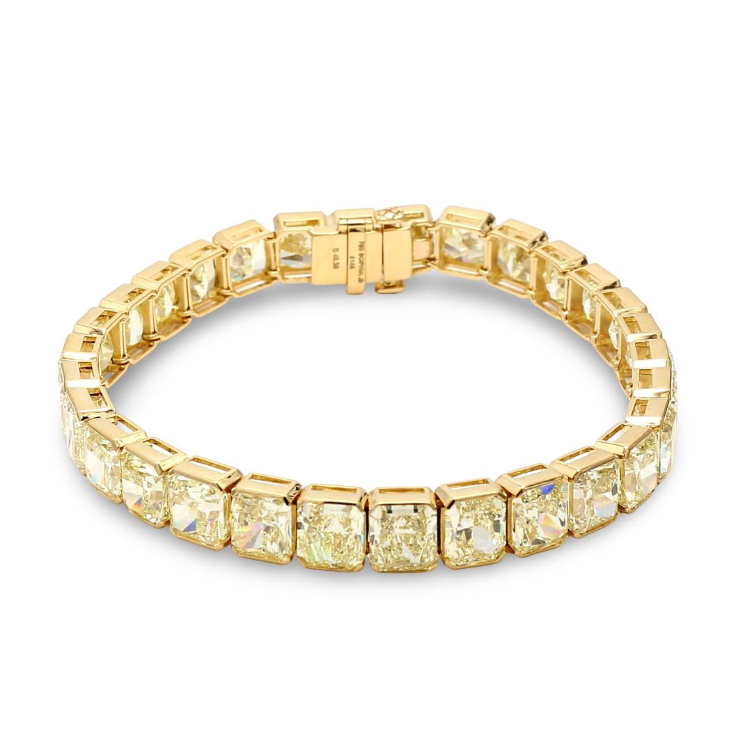 18K YG Tennis Bracelet with 43.35 Carat Radiant Cut Diamonds Fancy-lit GIA