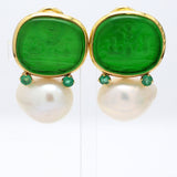 Vintage 14 Karat Yellow Gold Emerald Pearl and Jade Drop Earring