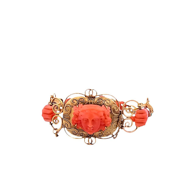Antique Coral 18 Karat Yellow Gold Gemstone Hand Bracelet