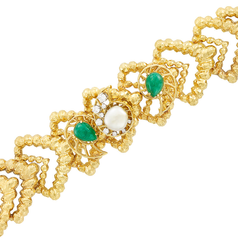 Diamond Emerald and Cultured Pearl Hammered Gold Bracelet